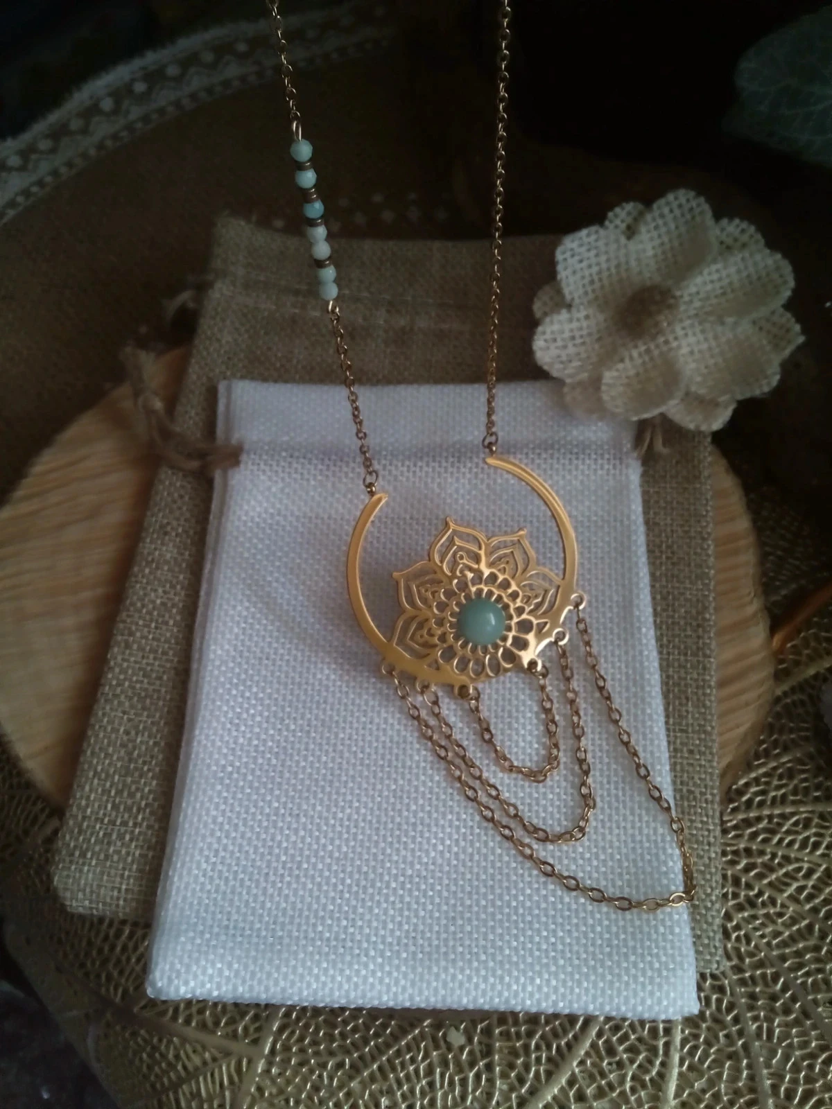 Collier fleur de vie acier inoxydable et pierres amazonites naturelles – photo 4